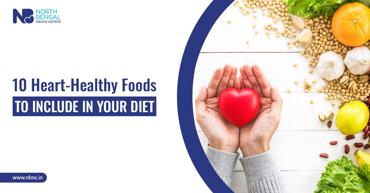 Selection of heart-healthy foods including fruits, vegetables, and nuts